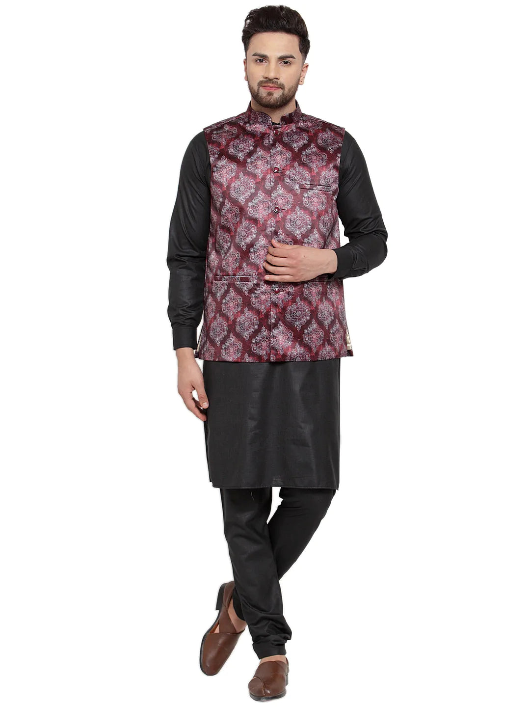 Jompers Men's Solid Cotton Kurta Pajama with Printed Waistcoat ( JOKP WC 4061 Maroon-B )