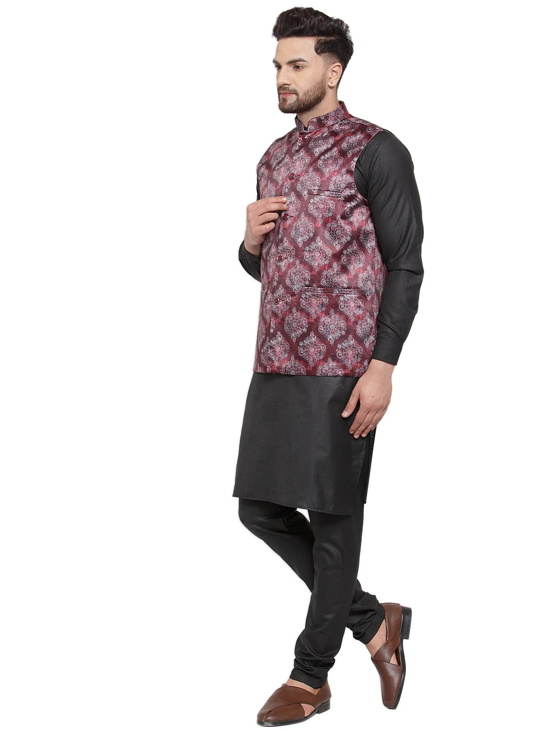 Jompers Men's Solid Cotton Kurta Pajama with Printed Waistcoat ( JOKP WC 4061 Maroon-B )