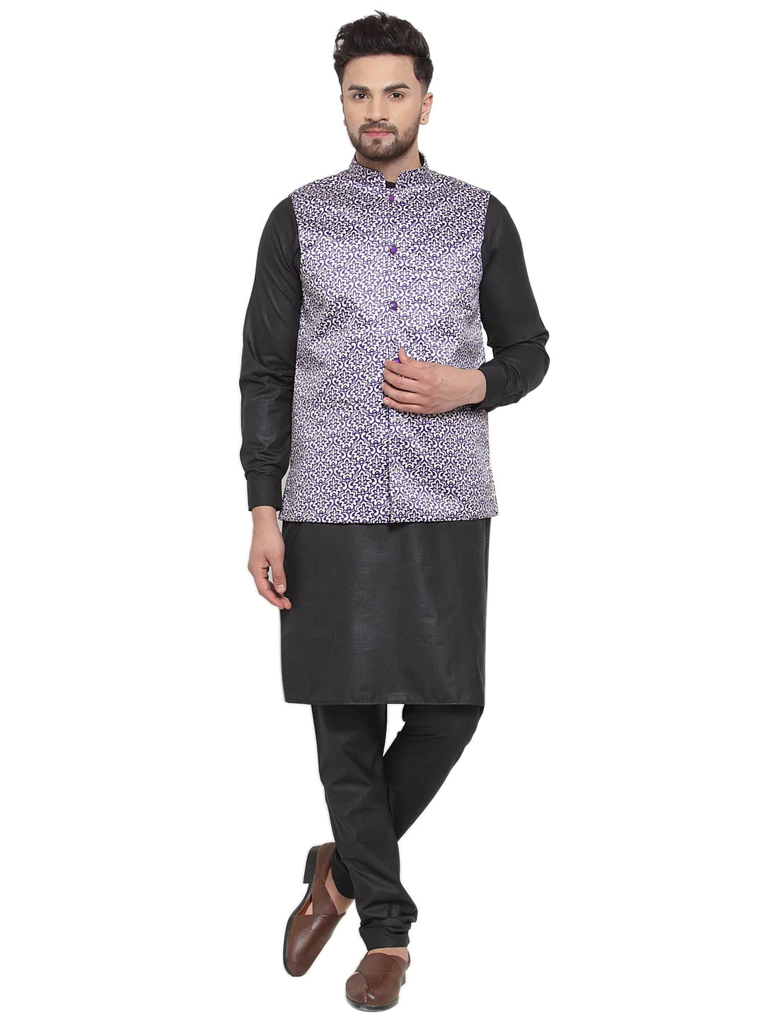 Jompers Men's Solid Cotton Kurta Pajama with Printed Waistcoat ( JOKP WC 4061 Purple-B )