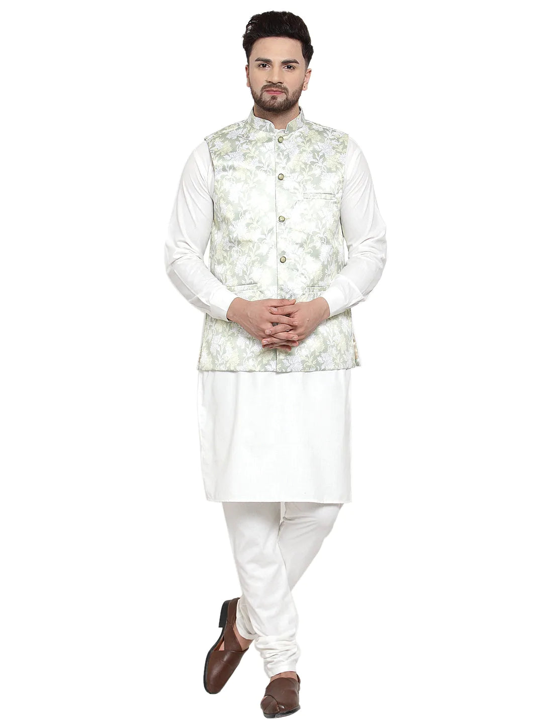 Jompers Men's Solid Cotton Kurta Pajama with Printed Waistcoat ( JOKP WC 4062 LIme-W )