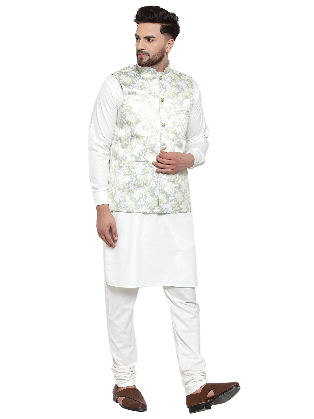 Jompers Men's Solid Cotton Kurta Pajama with Printed Waistcoat ( JOKP WC 4062 LIme-W )