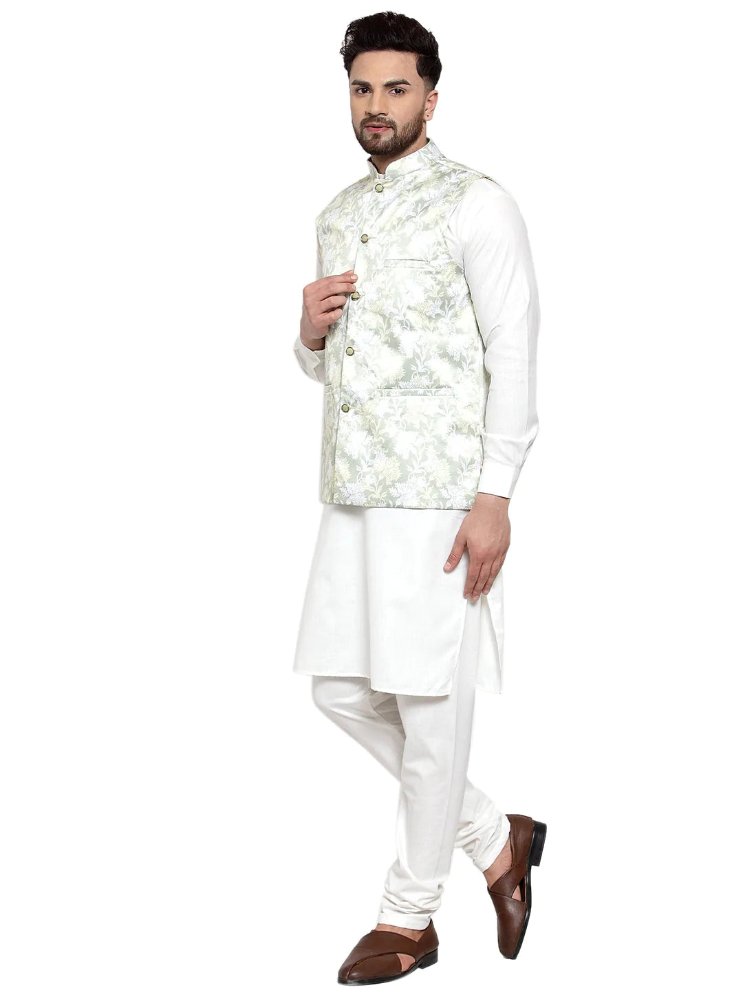 Jompers Men's Solid Cotton Kurta Pajama with Printed Waistcoat ( JOKP WC 4062 LIme-W )