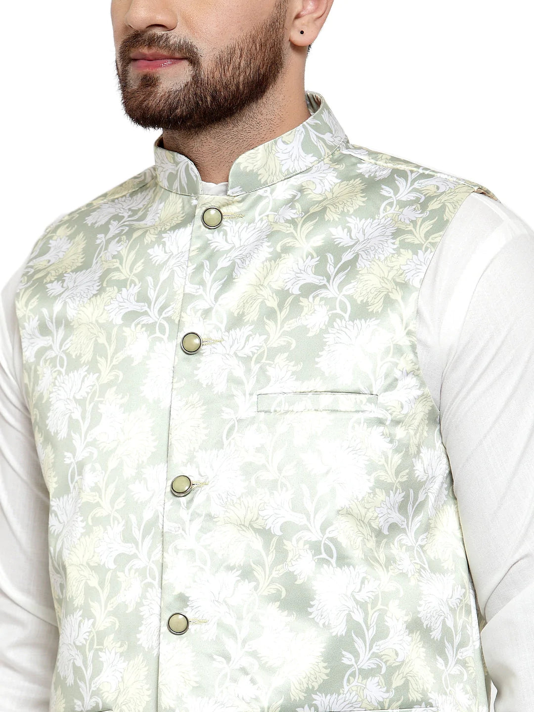 Jompers Men's Solid Cotton Kurta Pajama with Printed Waistcoat ( JOKP WC 4062 LIme-W )