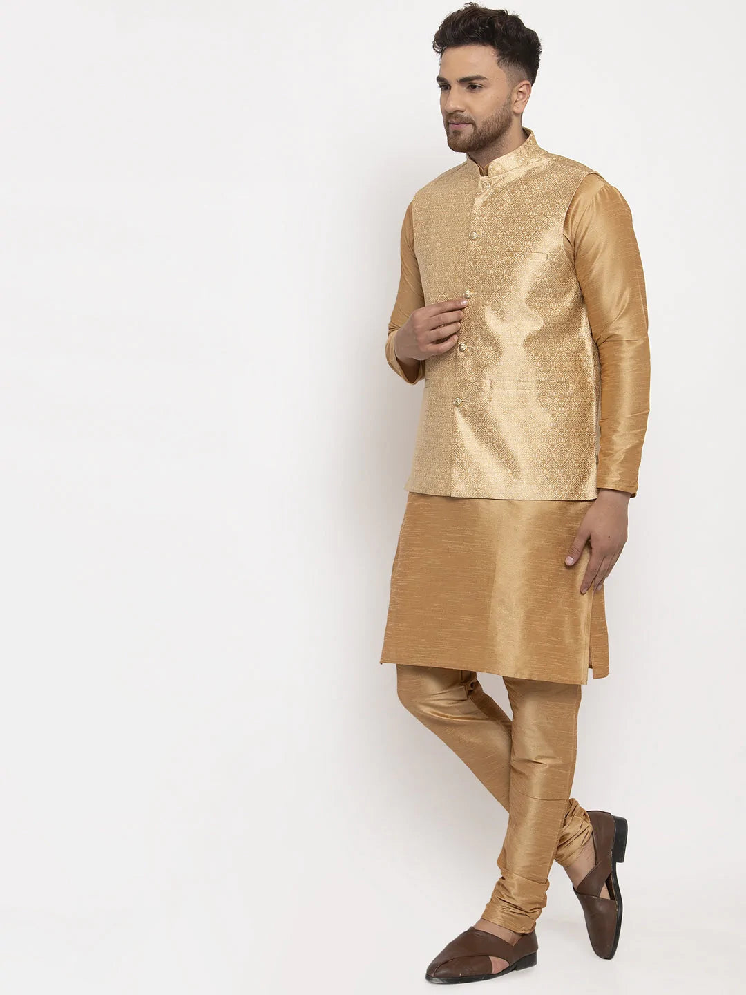 Jompers Men's Solid Dupion Kurta Pajama with Woven Jacqaurd Waistcoat ( JOKP WC 4063Golden-G )