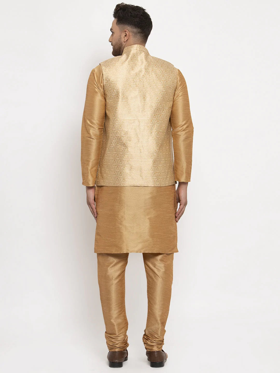 Jompers Men's Solid Dupion Kurta Pajama with Woven Jacqaurd Waistcoat ( JOKP WC 4063Golden-G )