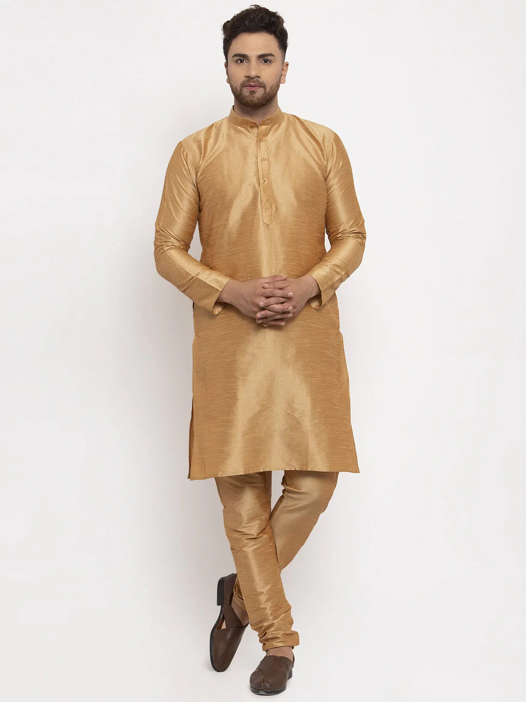 Jompers Men's Solid Dupion Kurta Pajama with Woven Jacqaurd Waistcoat ( JOKP WC 4063Golden-G )