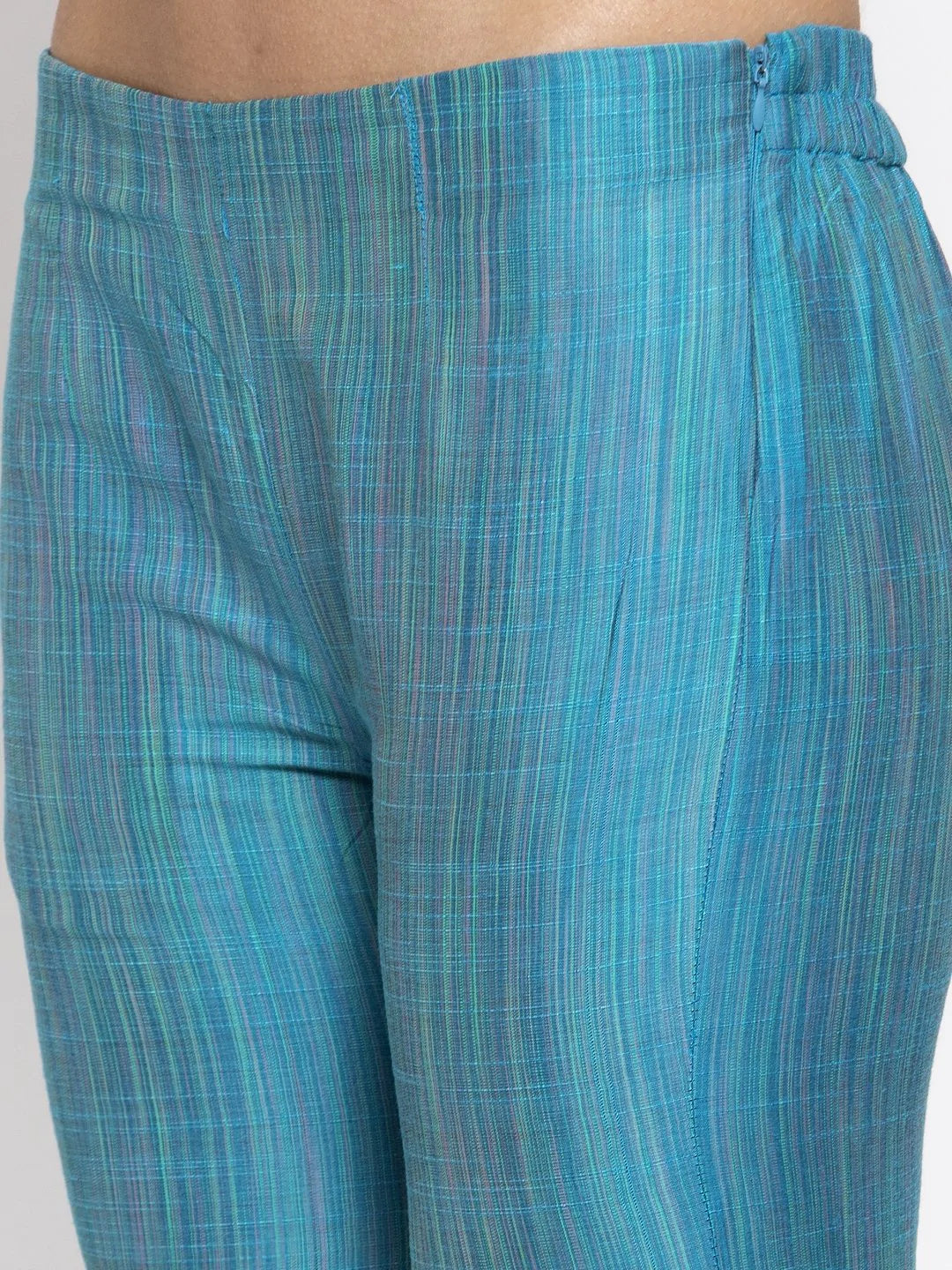Jompers Women Blue & Green Self-Striped Kurta with Trousers ( JOKS 1310 Blue )