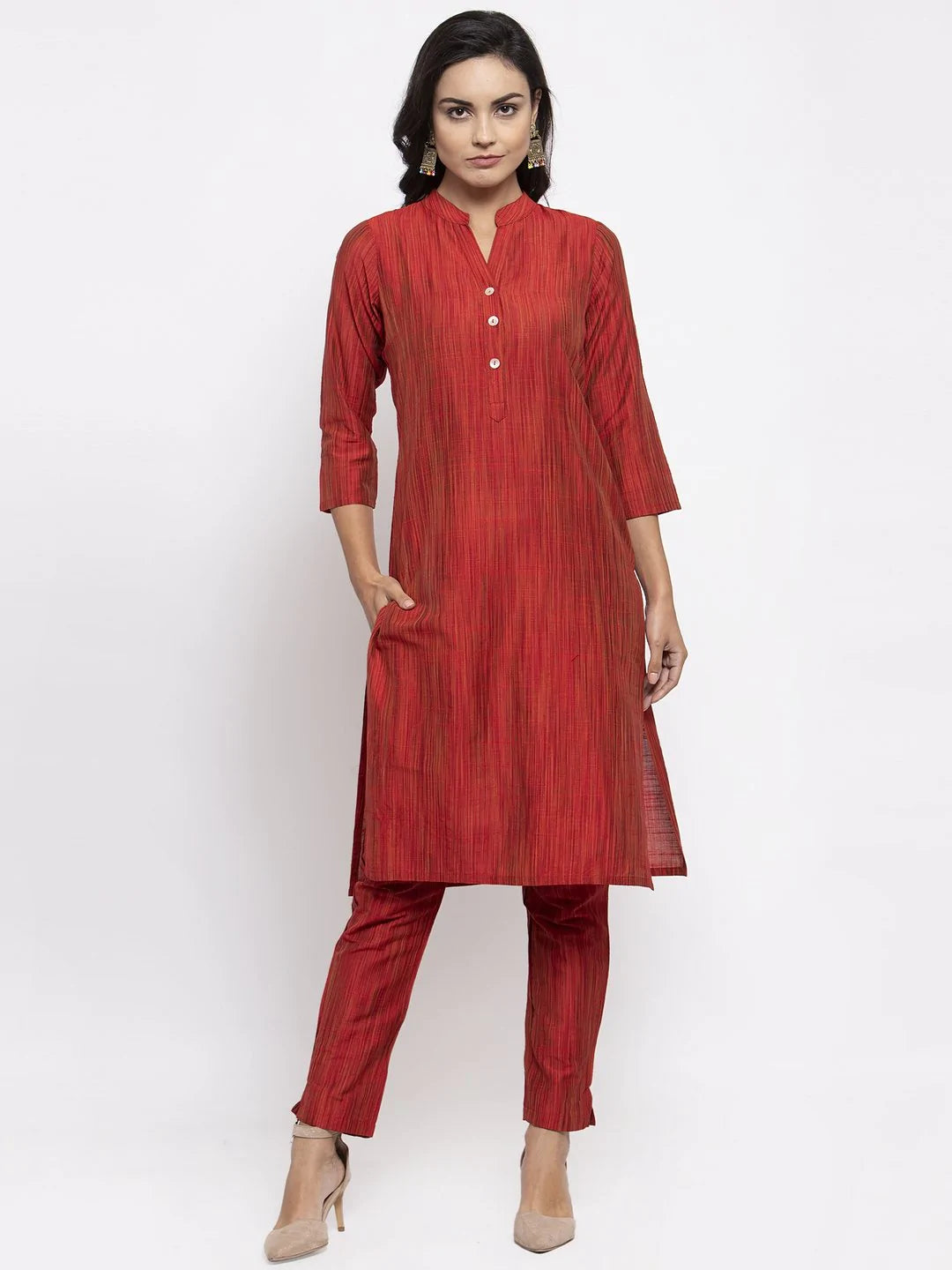 Jompers Women Red Self-Striped Kurta with Trousers ( JOKS 1310 Red )