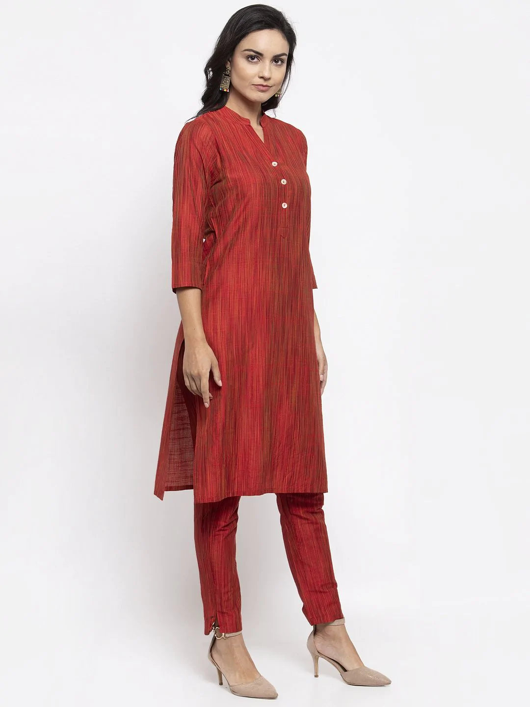 Jompers Women Red Self-Striped Kurta with Trousers ( JOKS 1310 Red )