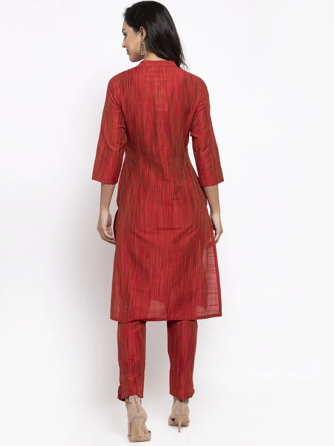 Jompers Women Red Self-Striped Kurta with Trousers ( JOKS 1310 Red )