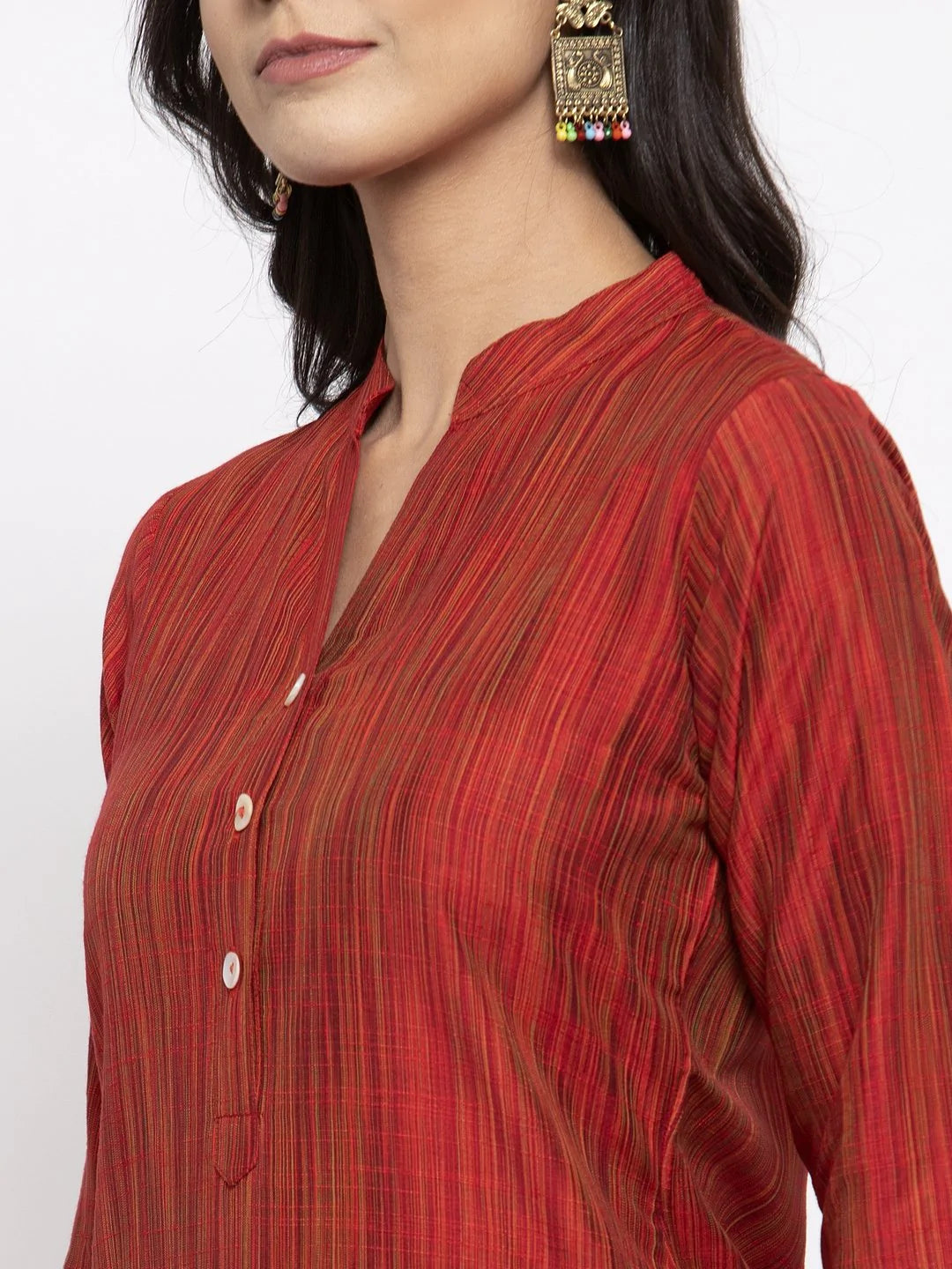 Jompers Women Red Self-Striped Kurta with Trousers ( JOKS 1310 Red )