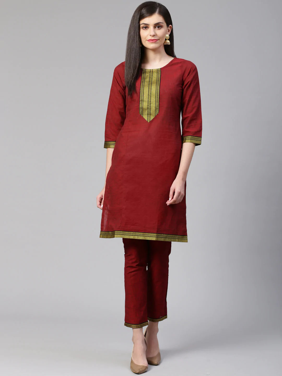 Jompers Women Maroon Yoke Design Kurta with Trousers (JOKS 1321 Maroon)