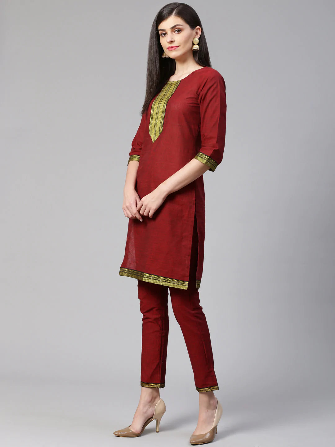 Jompers Women Maroon Yoke Design Kurta with Trousers (JOKS 1321 Maroon)