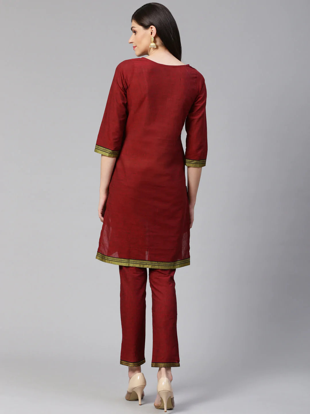 Jompers Women Maroon Yoke Design Kurta with Trousers (JOKS 1321 Maroon)