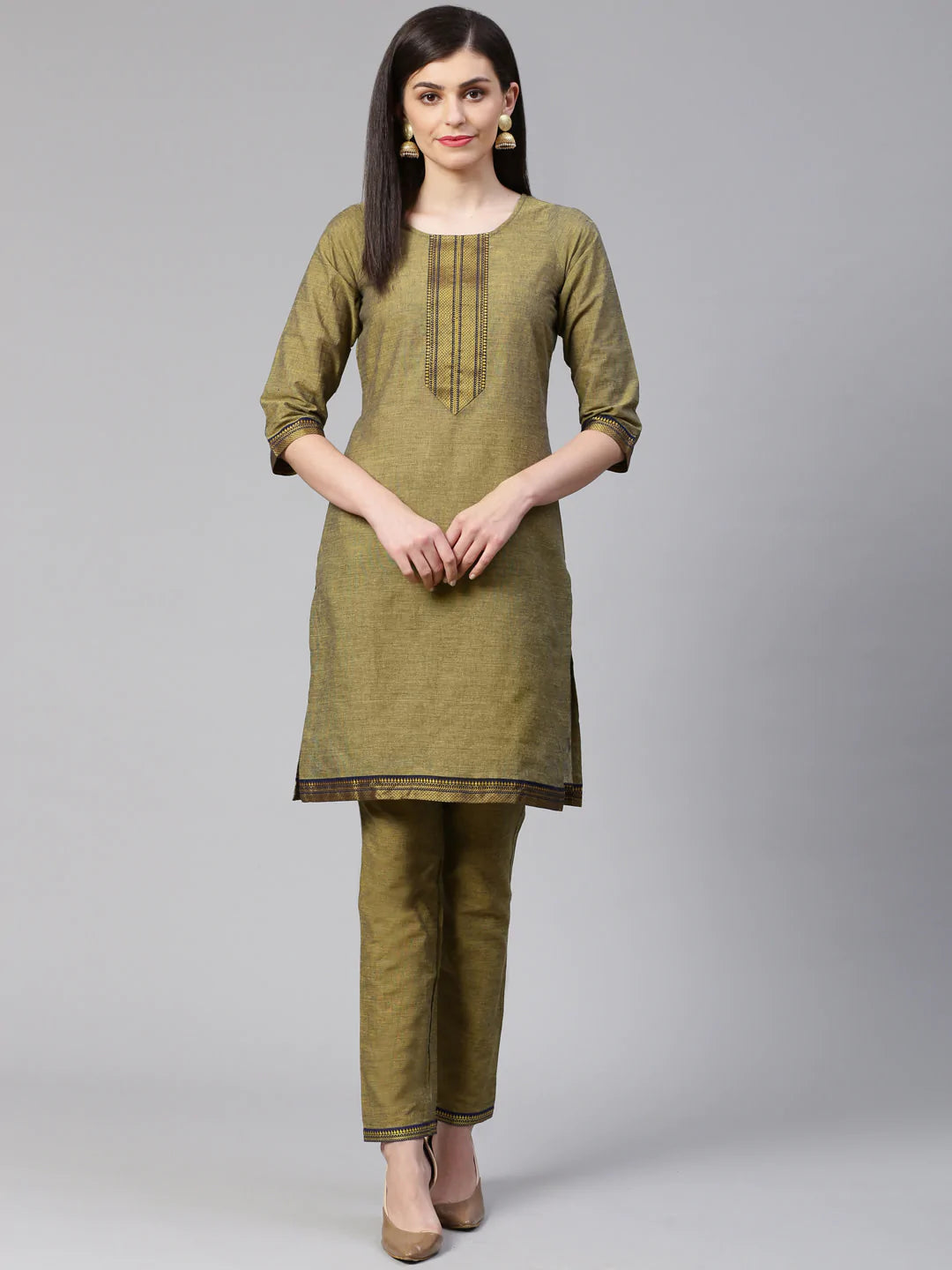 Jompers Women Mustard Yoke Design Kurta with Trousers (JOKS 1321 Mustard)