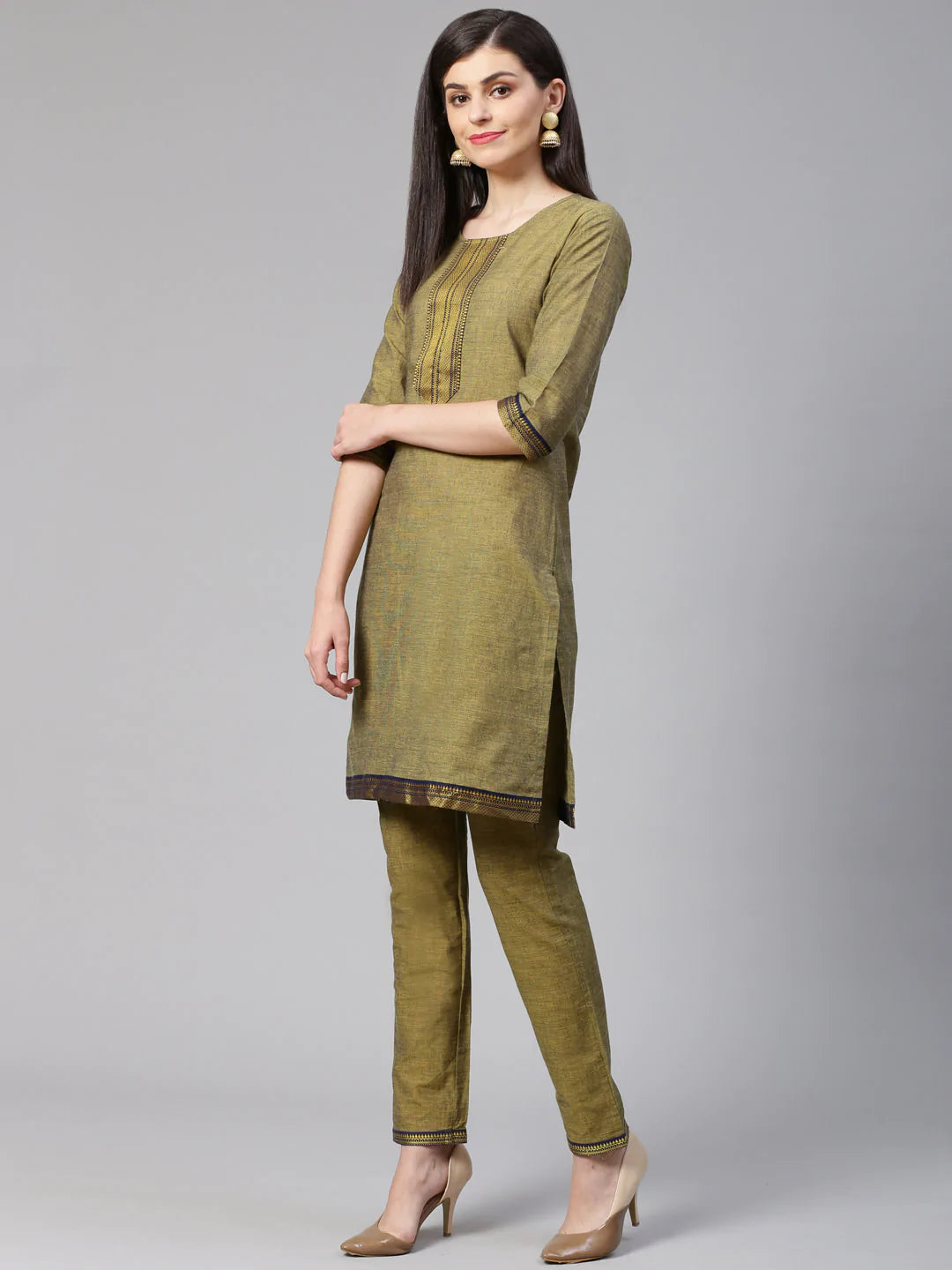 Jompers Women Mustard Yoke Design Kurta with Trousers (JOKS 1321 Mustard)