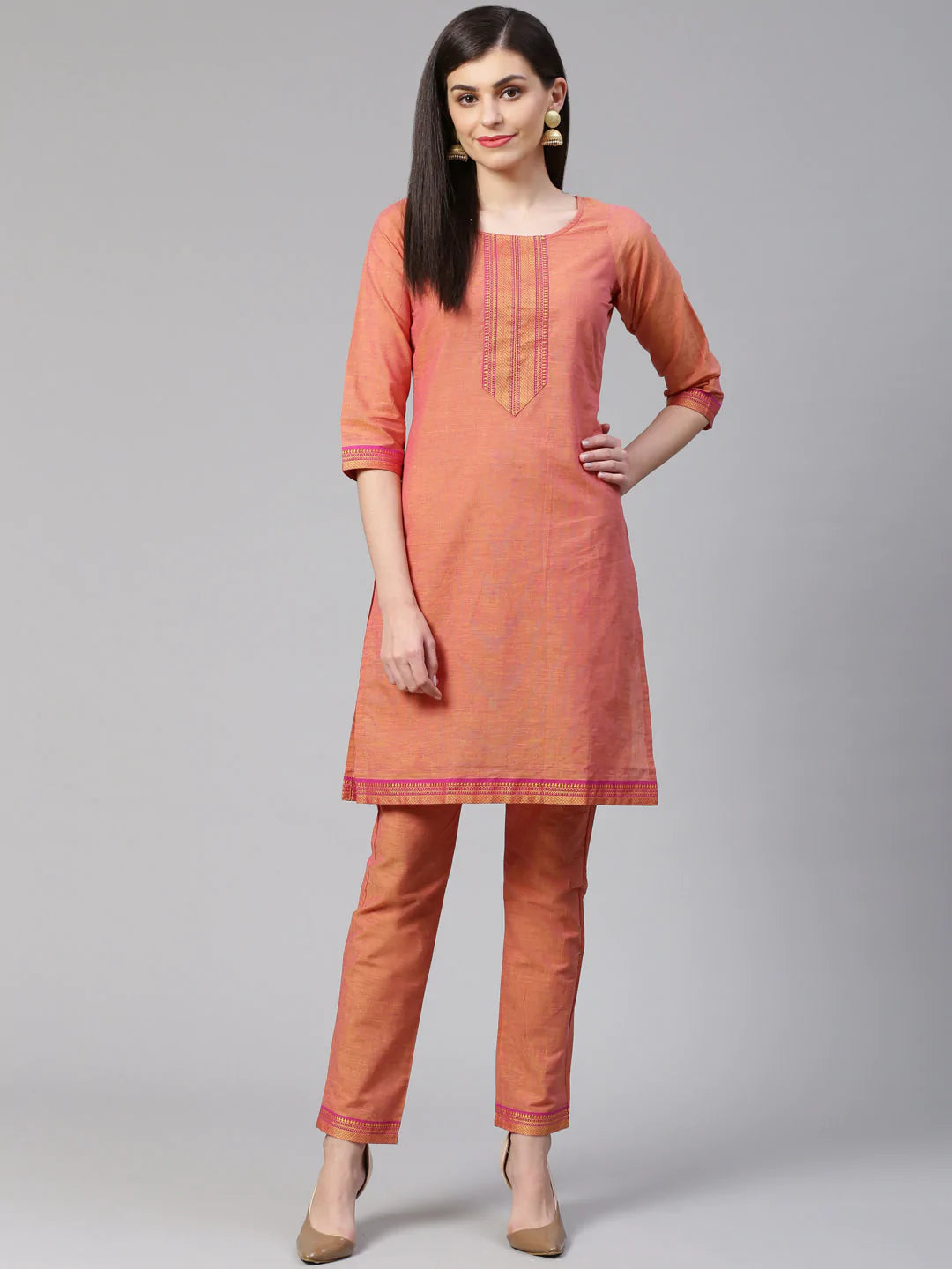 Jompers Women Pink Yoke Design Kurta with Trousers (JOKS 1321 Pink)