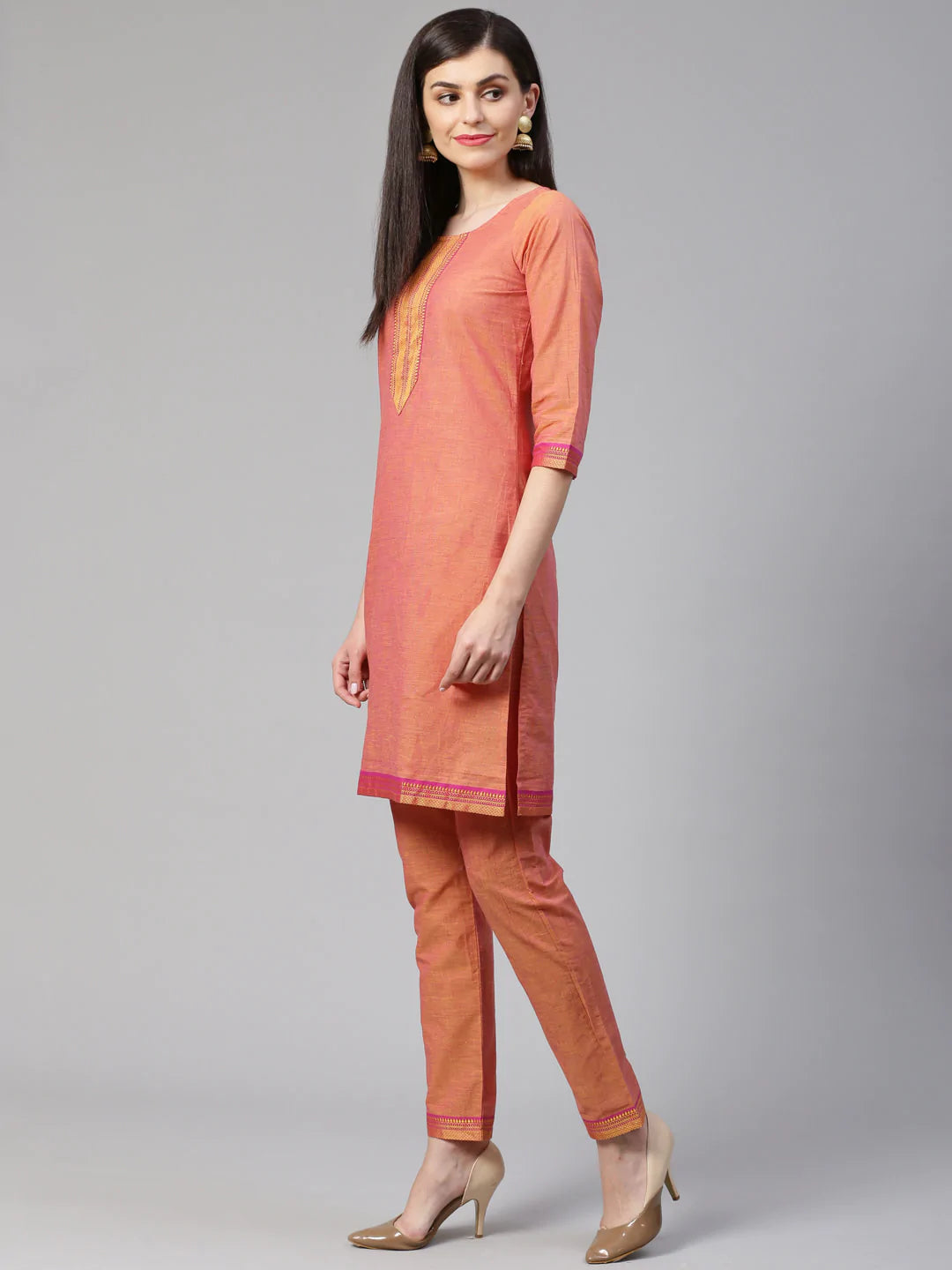 Jompers Women Pink Yoke Design Kurta with Trousers (JOKS 1321 Pink)