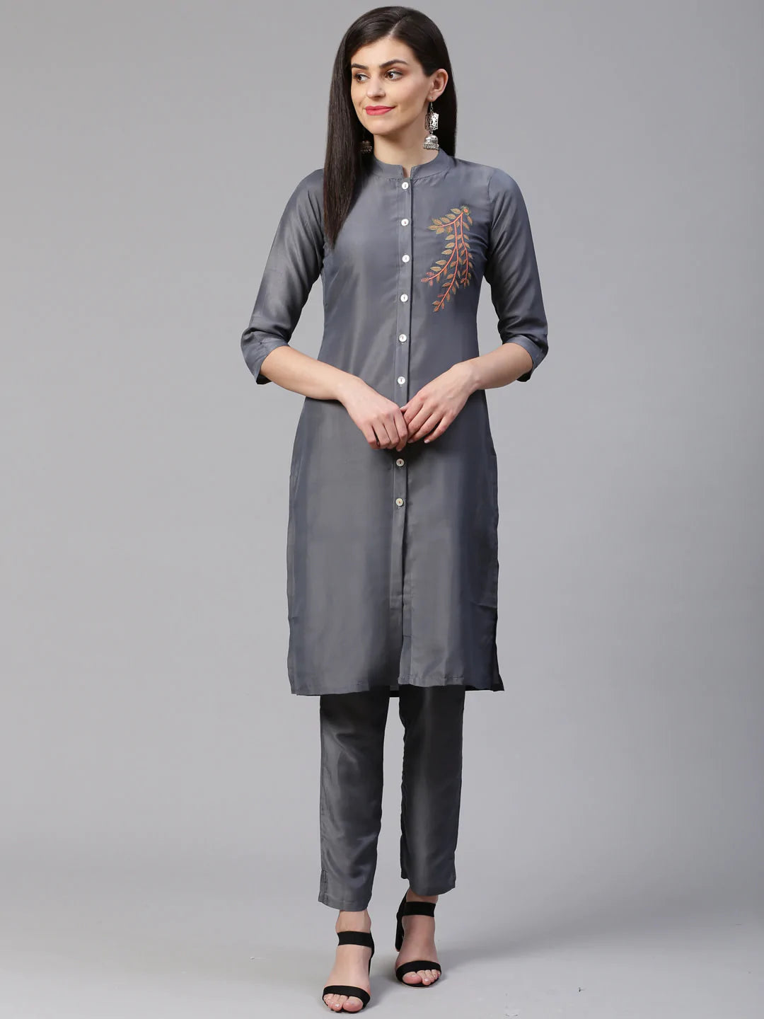 Jompers Women Grey Embroidered Solid Kurta with Trousers (JOKS 1325 Grey)