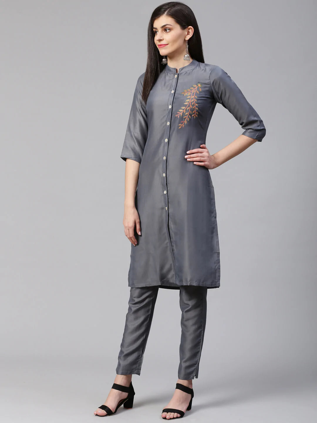 Jompers Women Grey Embroidered Solid Kurta with Trousers (JOKS 1325 Grey)