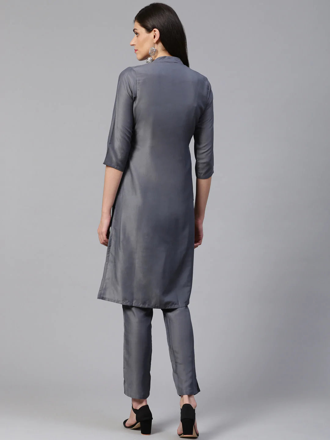Jompers Women Grey Embroidered Solid Kurta with Trousers (JOKS 1325 Grey)