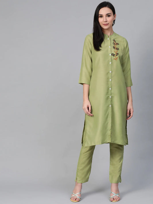 Women Green Embroidered Detail Kurta with Trousers ( JOKS 1326 Green )