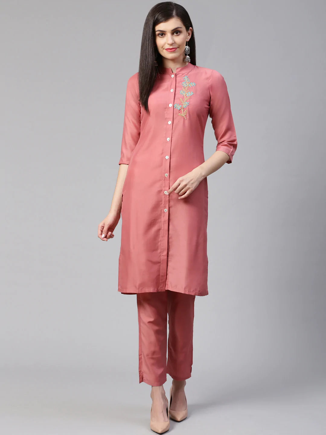Jompers Women Pink Embroidered Solid Kurta with Trousers (JOKS 1326 Pink)
