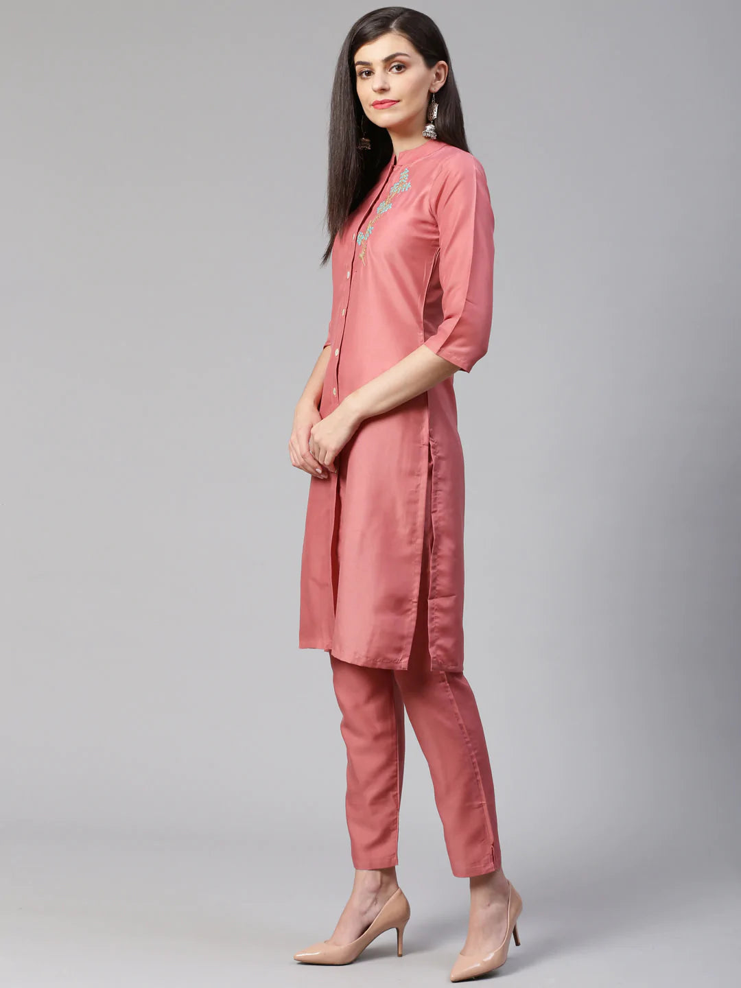 Jompers Women Pink Embroidered Solid Kurta with Trousers (JOKS 1326 Pink)