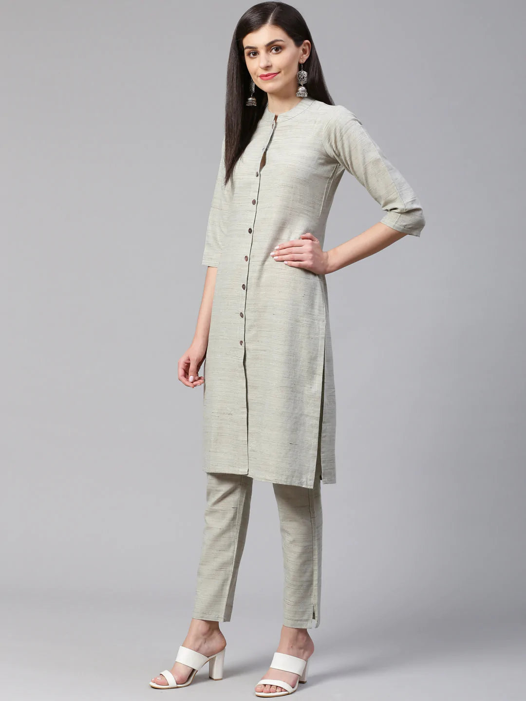 Jompers Women Grey Woven Design Kurta with Trousers (JOKS 1332 Grey)