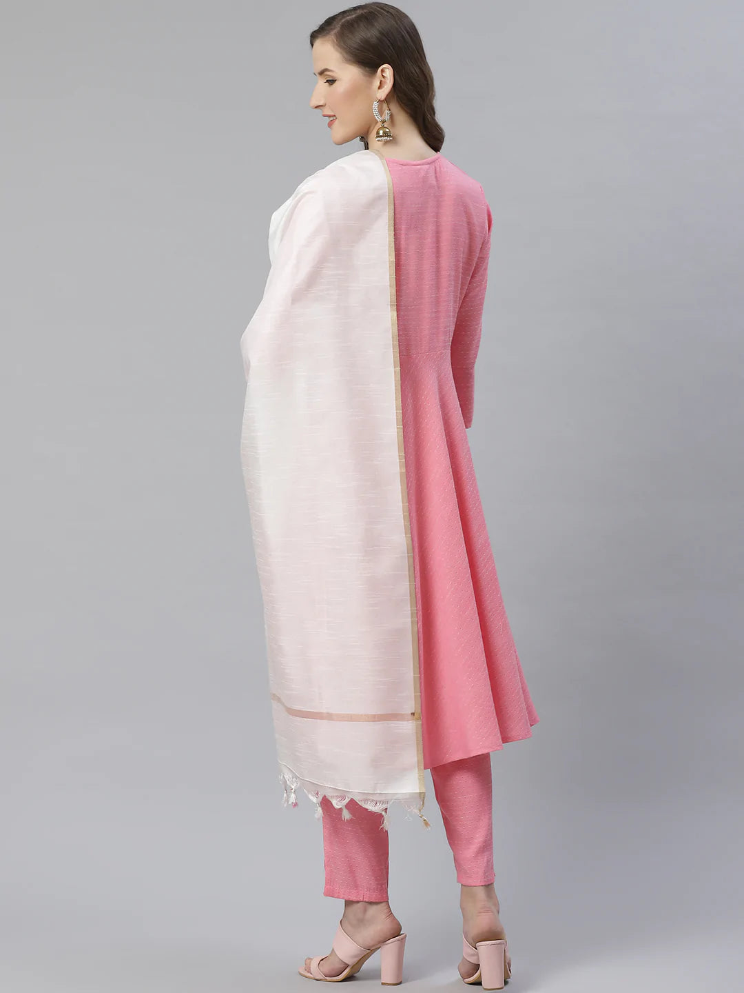 Jompers Women Pink & White Self Design Kurta with Trousers & Dupatta ( JOKS D12PW 1350 Pink )