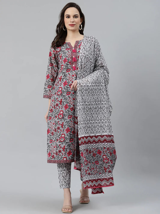 Women Grey & Magenta Block Print Pure Cotton Kurta with Trousers & Dupatta ( JOKS D18Gry 1372 Grey )