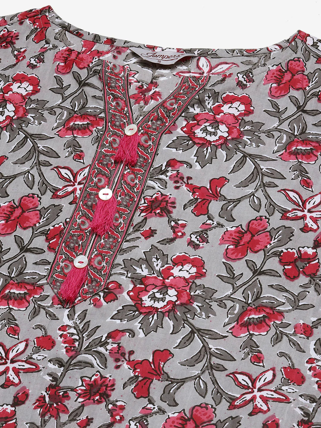 Women Grey & Magenta Block Print Pure Cotton Kurta with Trousers & Dupatta ( JOKS D18Gry 1372 Grey )