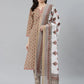 Women Beige & Pink Block Print Pure Cotton Kurta with Trousers & Dupatta ( JOKS D18W 1372 Pista )