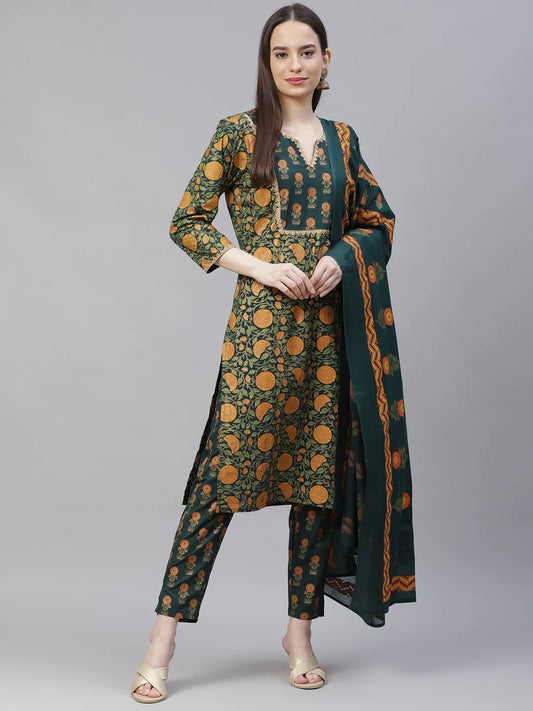 Women Green Ethnic Motifs Printed Pure Cotton Kurta with Trousers & Dupatta ( JOKS D22G 1400 Green )