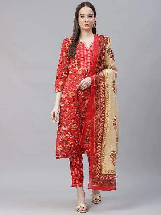 Women Red Ethnic Motifs Printed Regular Pure Cotton Kurta with Trousers & Dupatta ( JOKS D22R 1400 Red )