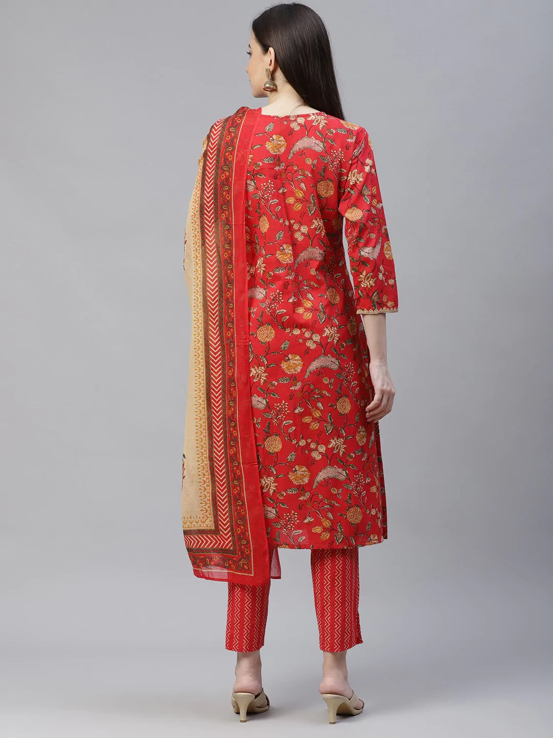 Women Red Ethnic Motifs Printed Regular Pure Cotton Kurta with Trousers & Dupatta ( JOKS D22R 1400 Red )