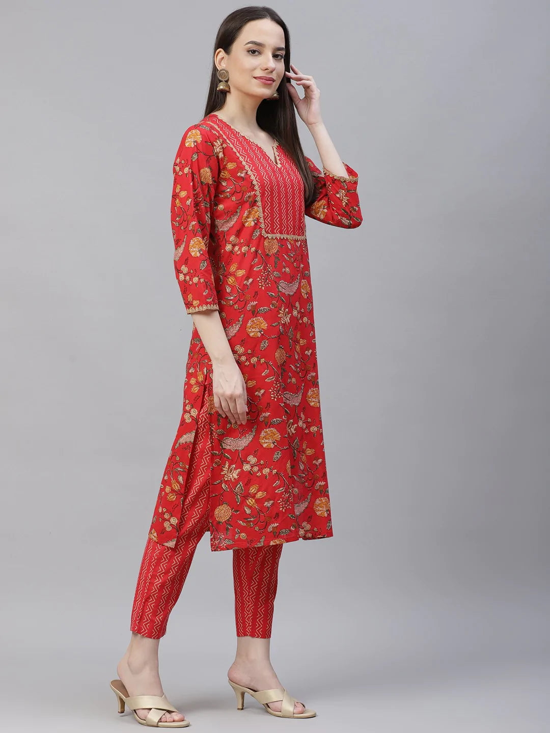 Women Red Ethnic Motifs Printed Regular Pure Cotton Kurta with Trousers & Dupatta ( JOKS D22R 1400 Red )