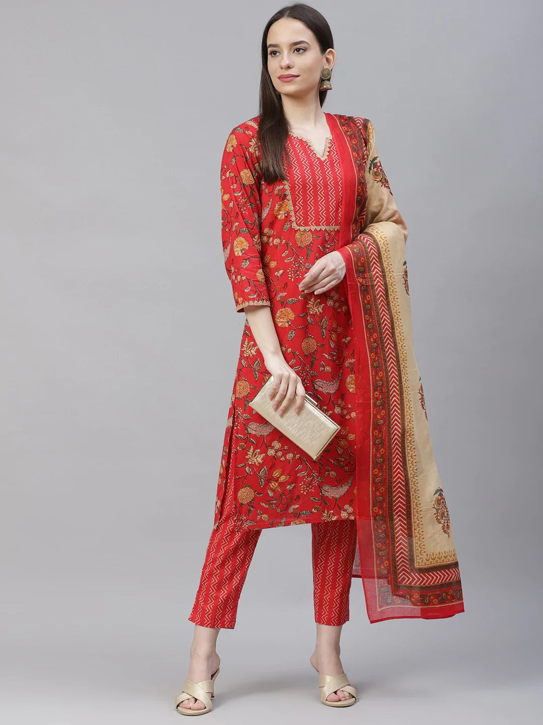 Women Red Ethnic Motifs Printed Regular Pure Cotton Kurta with Trousers & Dupatta ( JOKS D22R 1400 Red )