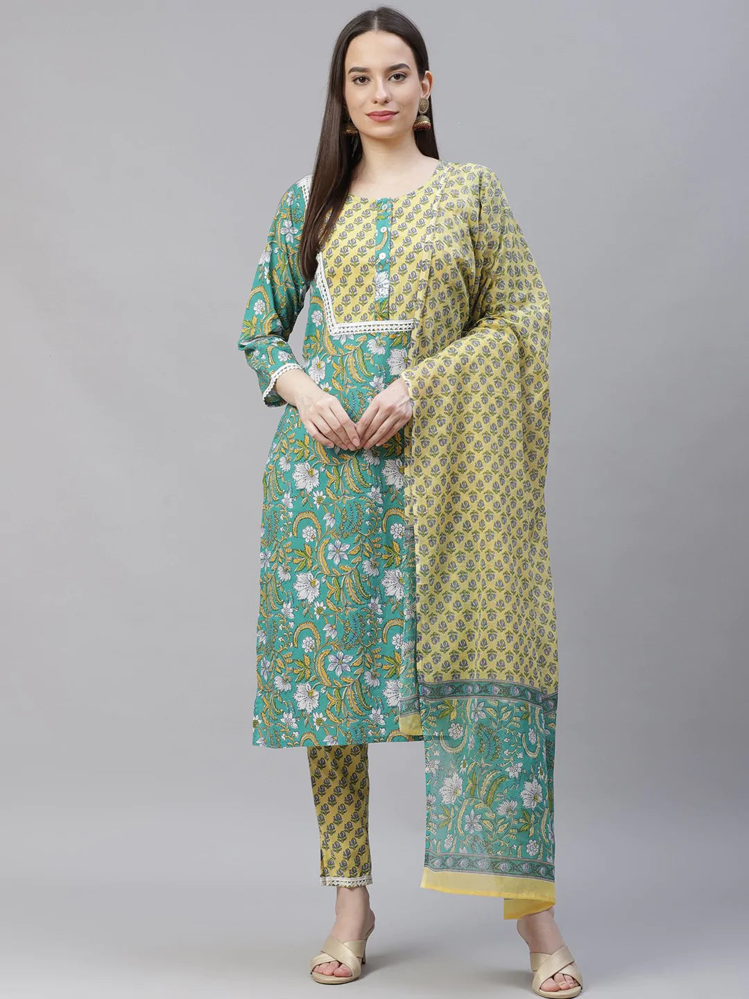 Women Green Ethnic Motifs Printed Pure Cotton Kurta with Trousers & Dupatta ( JOKS D23G 1401 Green )