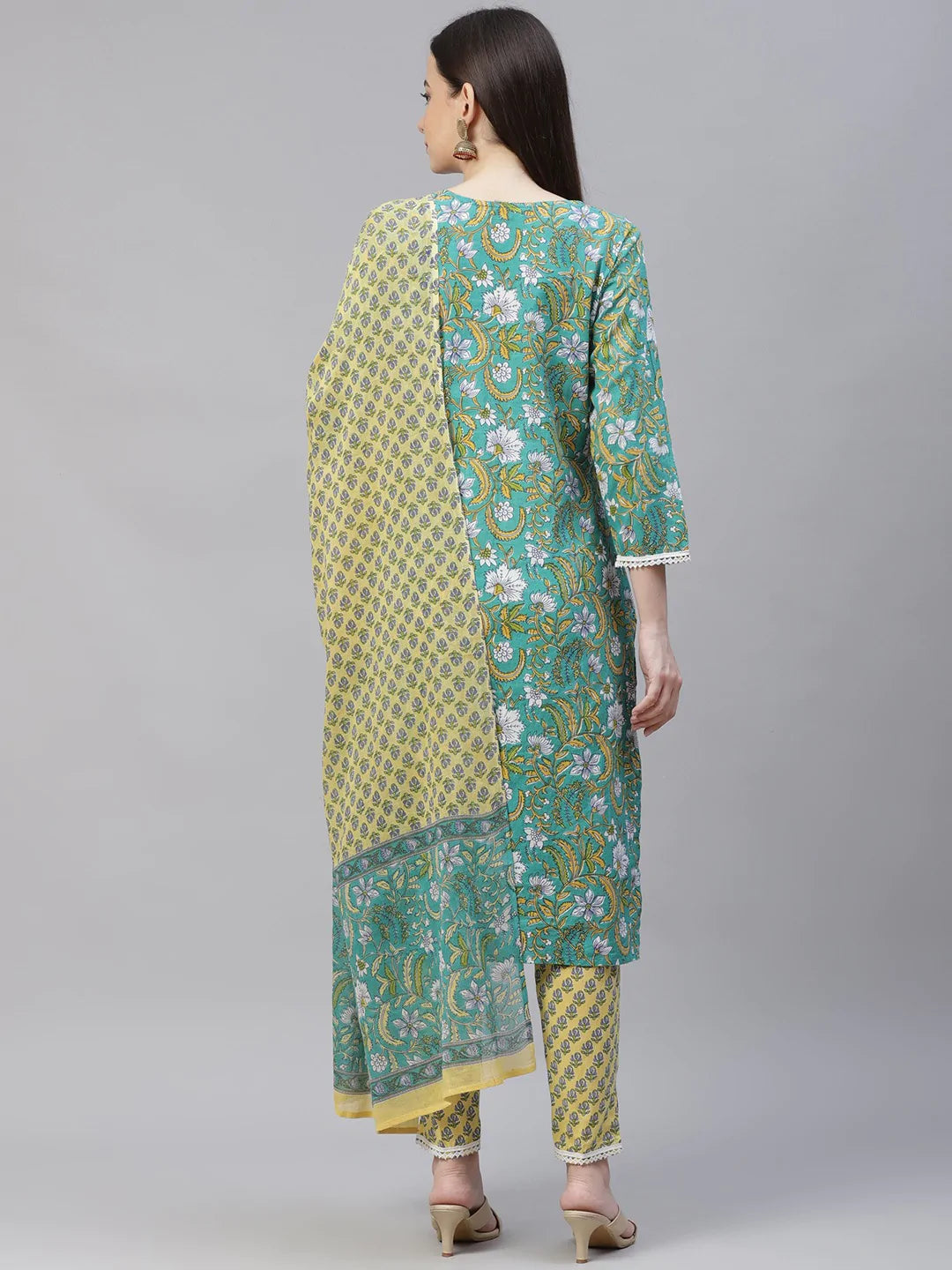 Women Green Ethnic Motifs Printed Pure Cotton Kurta with Trousers & Dupatta ( JOKS D23G 1401 Green )