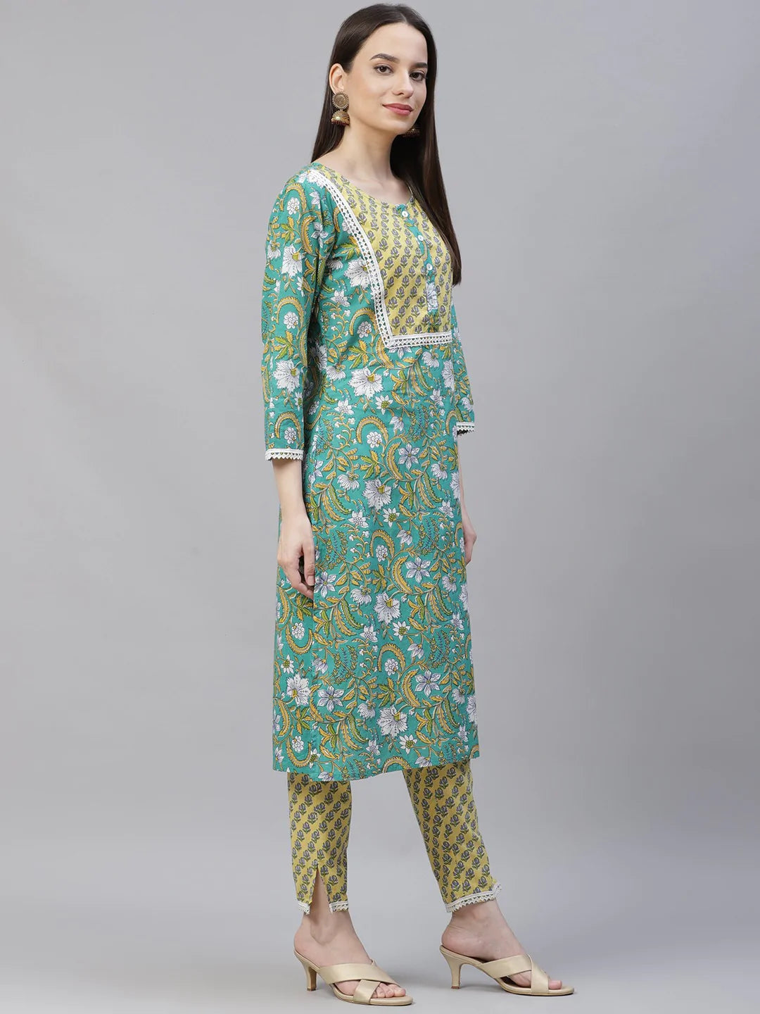 Women Green Ethnic Motifs Printed Pure Cotton Kurta with Trousers & Dupatta ( JOKS D23G 1401 Green )