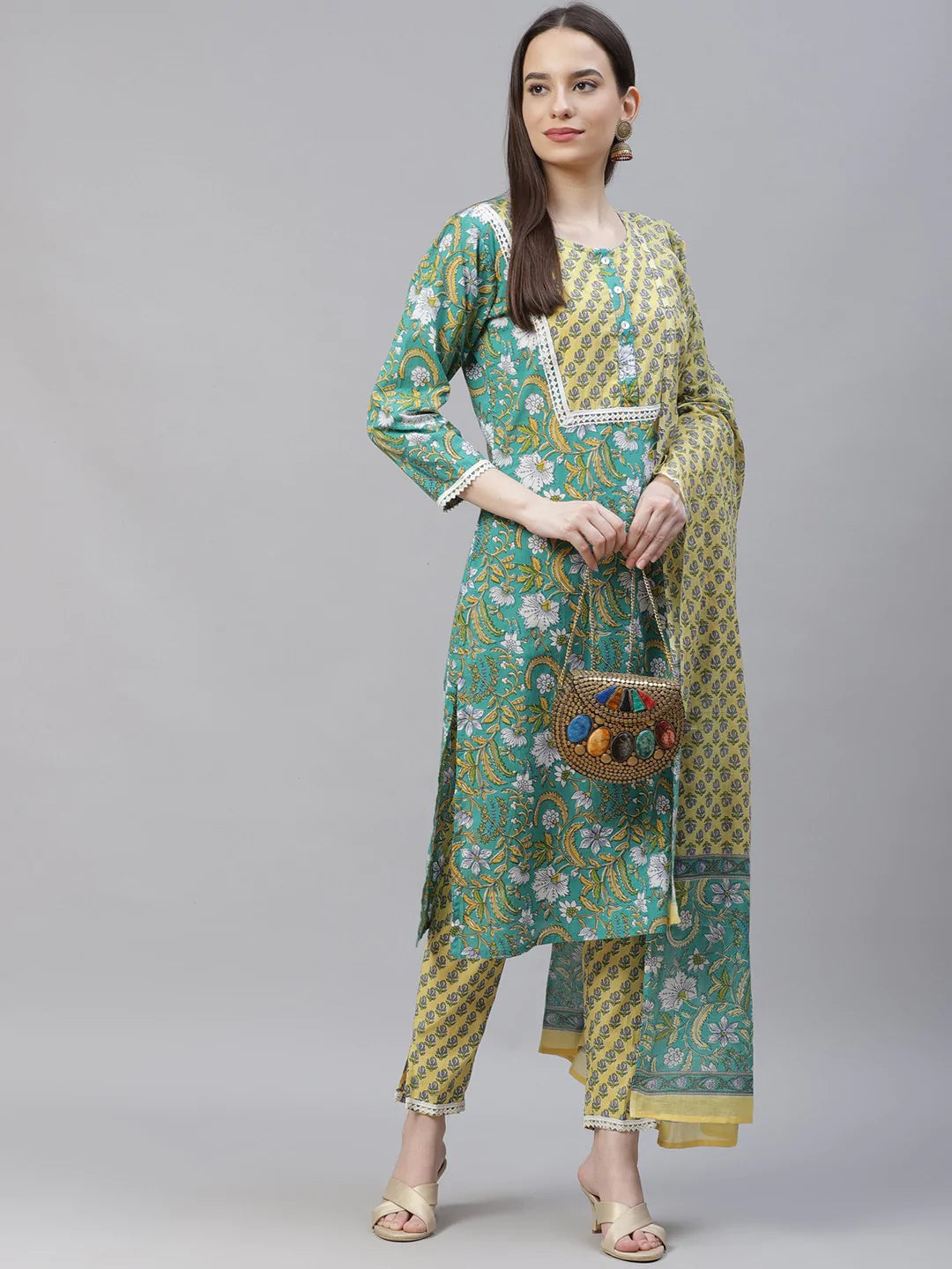 Women Green Ethnic Motifs Printed Pure Cotton Kurta with Trousers & Dupatta ( JOKS D23G 1401 Green )
