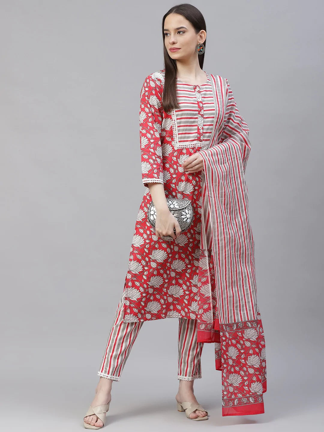 Women Red & Off-White Ethnic Motifs Printed Kurta with Trousers & Dupatta ( JOKS D23R 1401 Red )