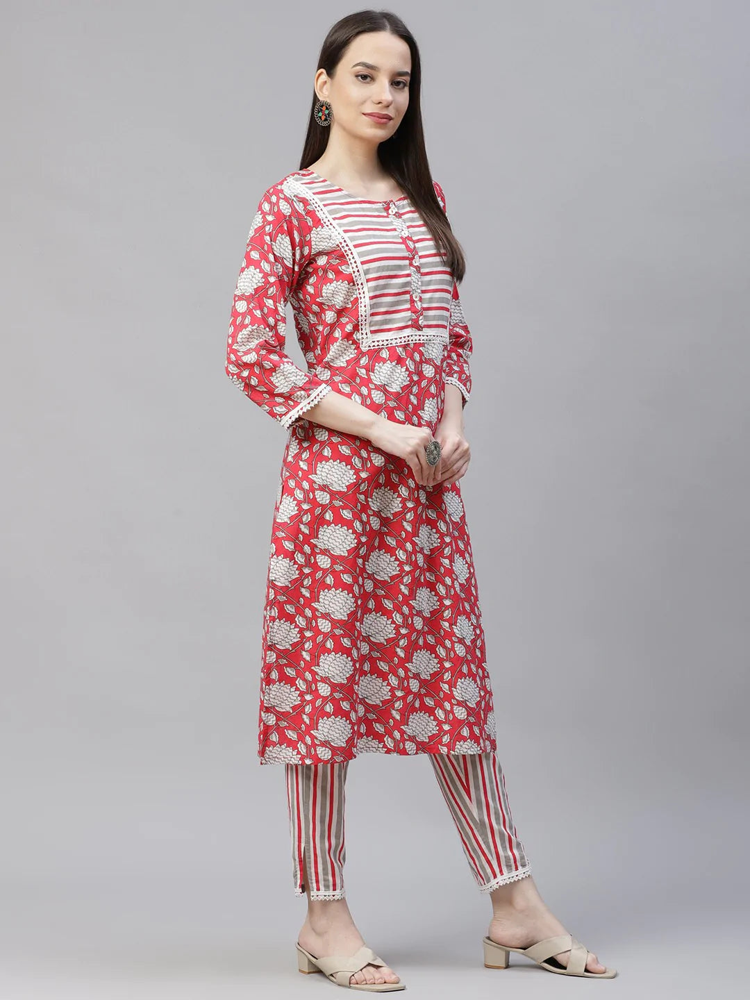 Women Red & Off-White Ethnic Motifs Printed Kurta with Trousers & Dupatta ( JOKS D23R 1401 Red )