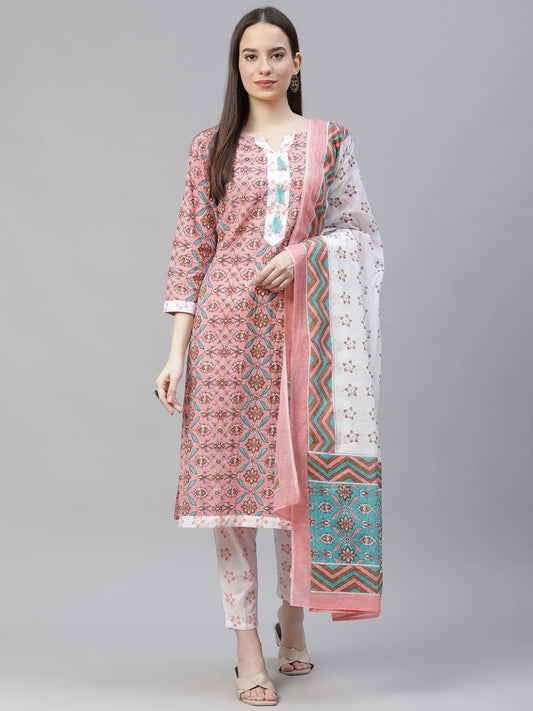 Women Pink & White Ethnic Motifs Printed Pure Cotton Kurta with Trousers & Dupatta ( JOKS D24P 1402 Pink )