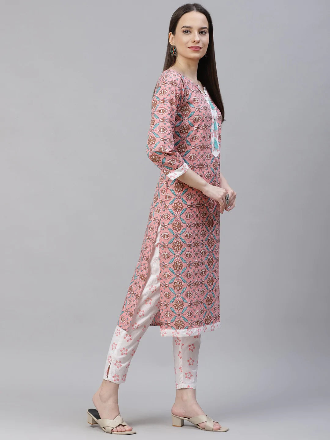 Women Pink & White Ethnic Motifs Printed Pure Cotton Kurta with Trousers & Dupatta ( JOKS D24P 1402 Pink )