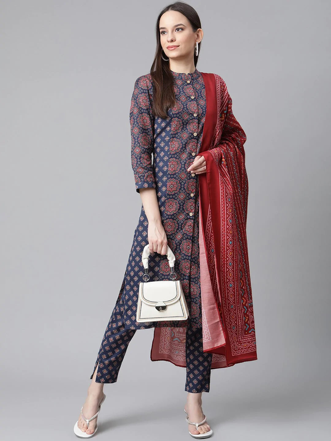 Women Blue & Maroon Printed Regular Pure Cotton Kurta with Trousers & With Dupatta ( JOKS D26R 1410 Blue )