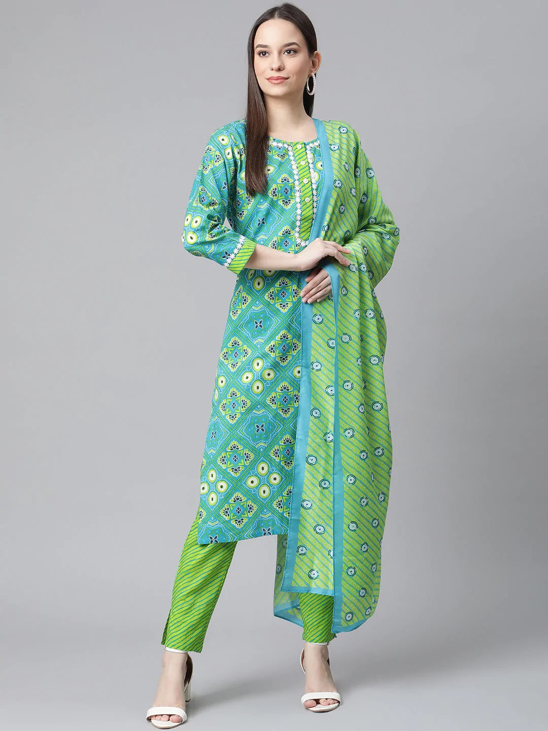 Women Blue & Green Ethnic Motifs Printed Pure Cotton Kurta With Trousers & Dupatta ( JOKS D27G 1411 Blue )