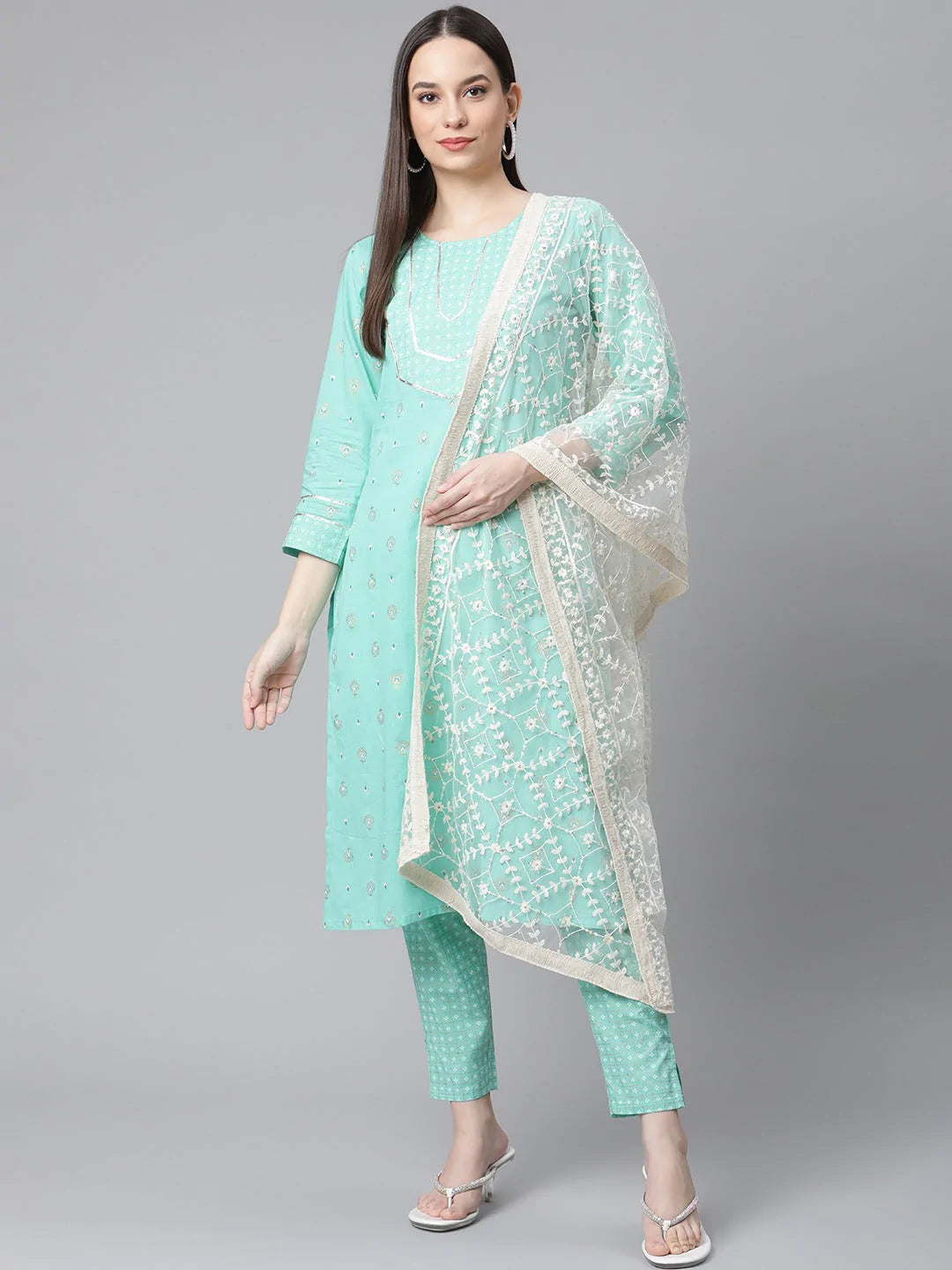 Women Green Floral Printed Regular Pure Cotton Kurta with Trousers & With Dupatta ( JOKS D28W 1412 Green )