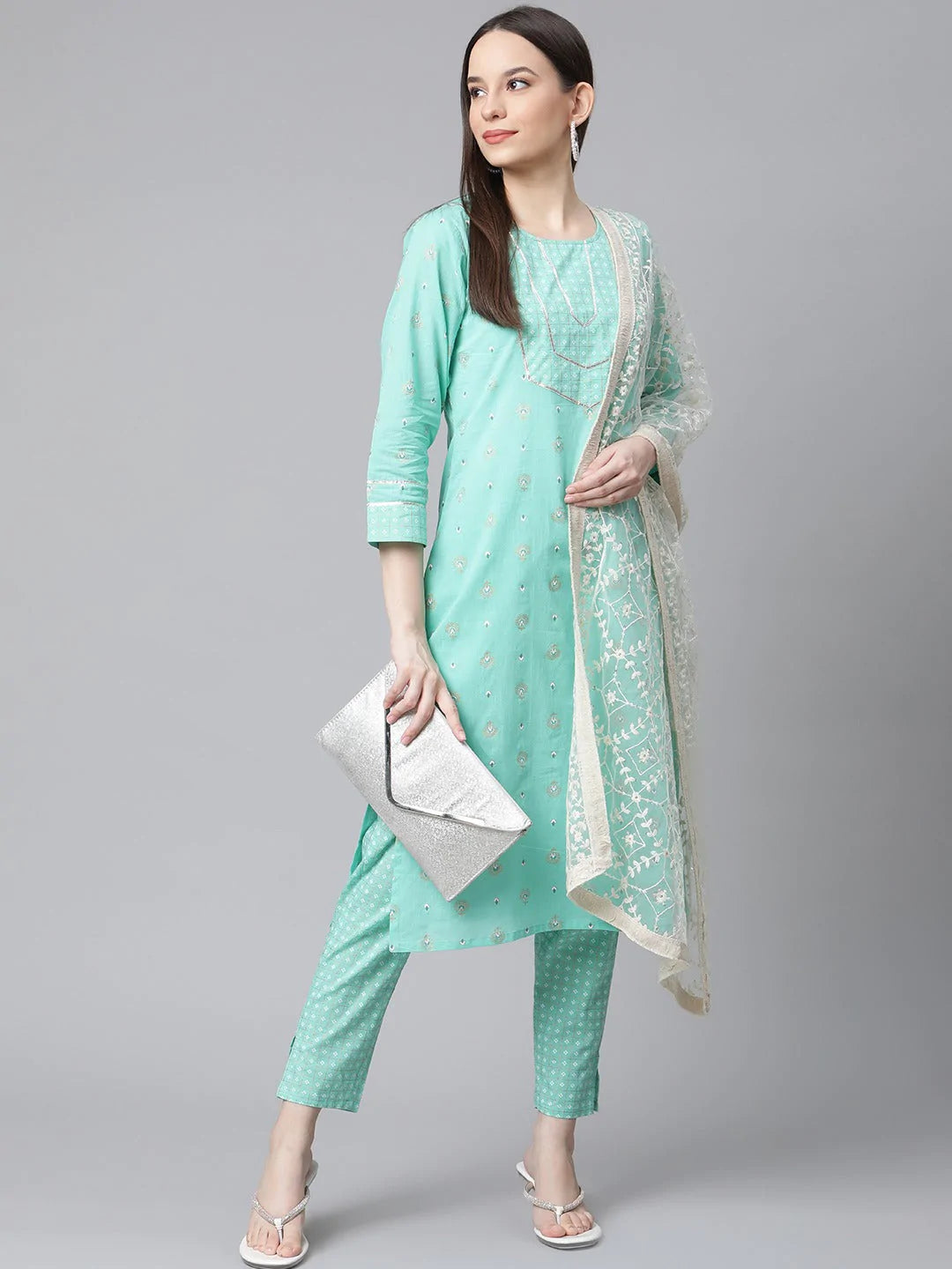Women Green Floral Printed Regular Pure Cotton Kurta with Trousers & With Dupatta ( JOKS D28W 1412 Green )
